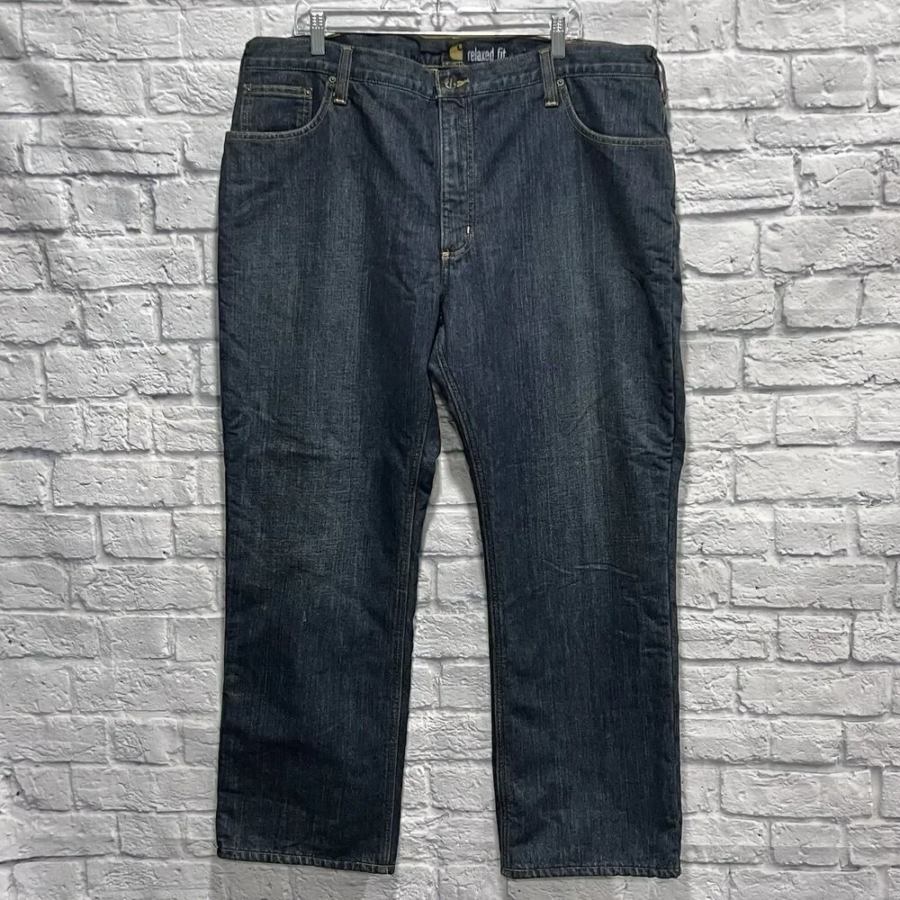 Carhartt Men Straight Relaxed Fleece Lined Denim Dark Blue Wash Jeans Size 42X30